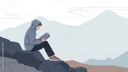 Man Reads In Nature With Mountains Backdrop In A Peaceful Outdoor Environment