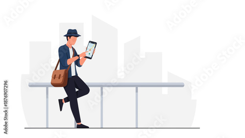 Man Using Digital Navigation App Standing In City Leaning On Railing Illustration