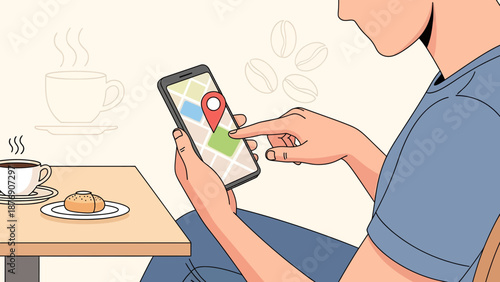 Man Using Navigation App On His Phone While Enjoying Coffee And Pastry