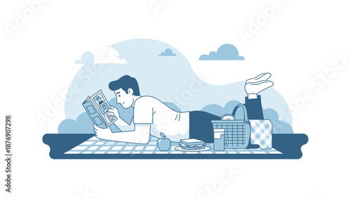 Man Relaxes On Picnic Blanket While Looking At Family Photo Album