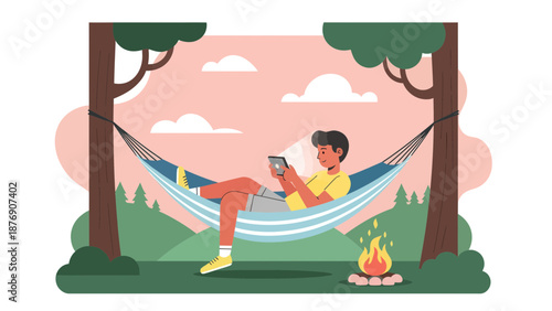 Man Relaxing In Hammock Using Tablet Surrounded By Nature Illustration