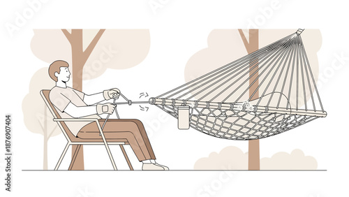 Man Relaxing In Hammock With A Drink Using A Rope Pulley System Outdoors