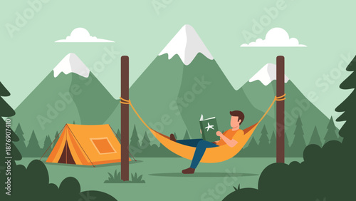 Man Relaxing In Hammock While Camping In Nature Near Mountain View