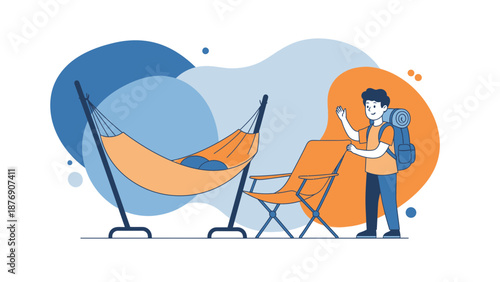 Man With Backpack Arriving At The Campsite With Hammock And Folding Chair