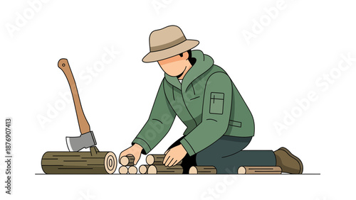 Man With Axe Chopping Wood Firewood Preparation In Outdoor Adventure Scene