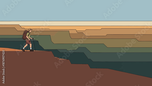 Man With Backpack Enjoying a Hike Adventure in Flat Graphic Design Style