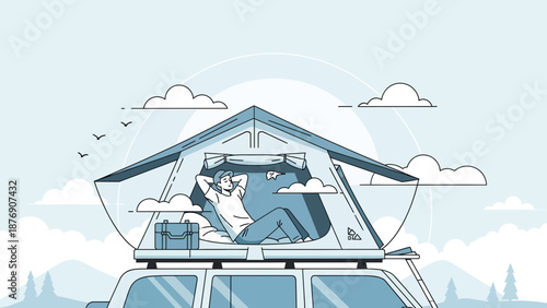 Man Relaxing In Rooftop Tent Enjoying Outdoor Leisure Adventure With Scenic Landscape