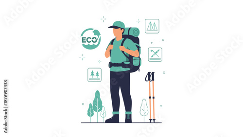 Man With Backpack Promoting Eco Friendly Travel Adventure Trekking Concept