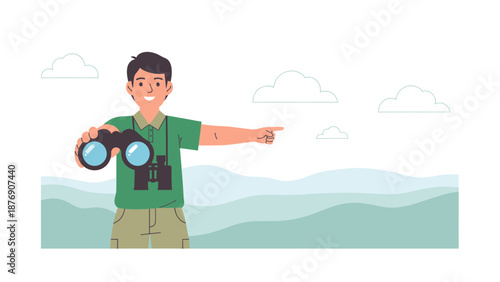 Man With Binoculars Pointing Towards The Distant Hills On A Sunny Day