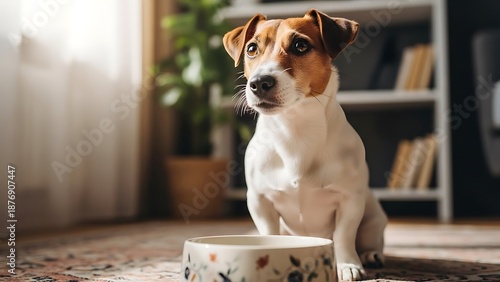 Dog Sitting Next to Empty Food Bowl.