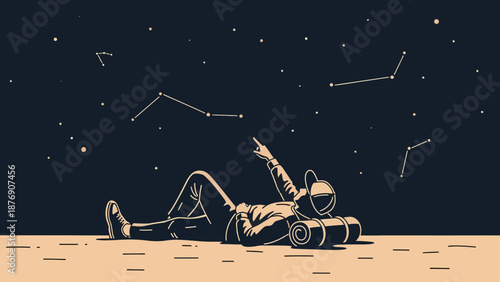 Man Relaxing Under Starry Night Sky With Constellations Vector Illustration