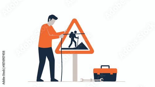 Man Repairing Hiking Trail Sign With Tools And Gear In Flat Illustration