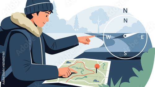 Man With Backpack Navigating By Map And Compass During An Adventure
