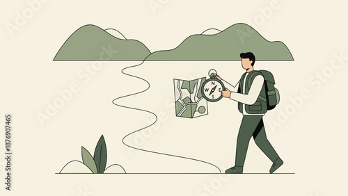 Man With Backpack Navigating A Mountain Path Using Map And Compass Illustration