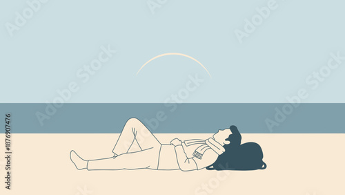 Man Relaxing On The Beach During The Day With Simple Background Vector