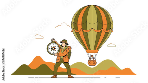 Man With Compass And Hot Air Balloon On Scenic Mountain View