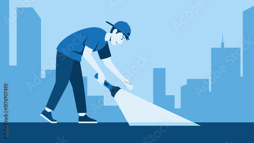 Man With Flashlight Investigating Anomaly On City Rooftop At Night