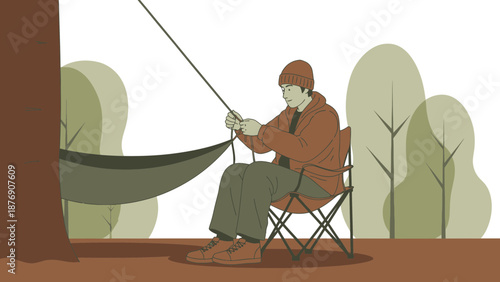 Man Setting Up Relaxing Hammock At Campsite Amidst Nature's Embrace