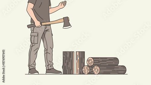 Manual Wood Preparation For Heating Illustration With Axe And Logs In Yard