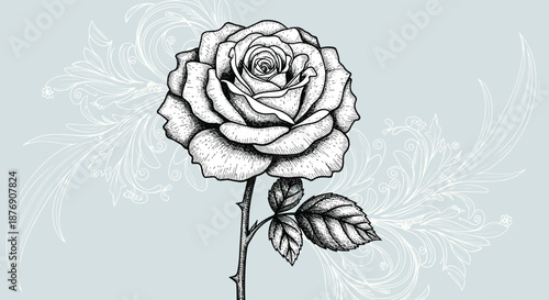 Beautiful blooming rose flower with thorns on a stem in a vintage hand-drawn engraving style with elegant floral flourishes.