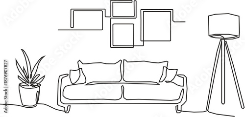 Minimalist One Line Drawing of Modern Living Room Interior Vector Illustration