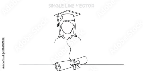 Continuous line drawing of a female graduate student wearing a cap and holding a diploma scroll
