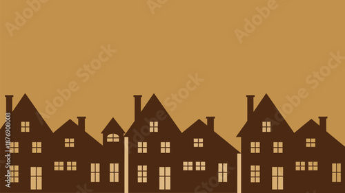 Brown silhouettes of houses with chimneys and windows on orange background