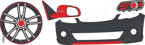 Flat vector set of 4 car exterior parts alloy wheel side mirror bumper and headlight