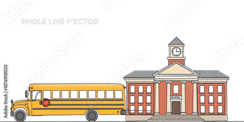Classic School Building with Clock Tower and Yellow School Bus Vector Illustration
