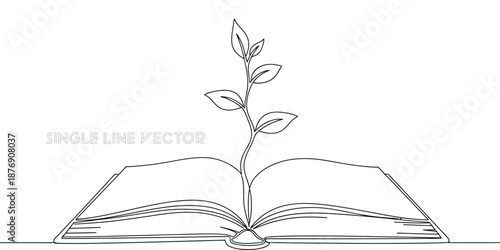 Continuous line drawing of an open book with a growing plant symbolizing education, learning, knowledge, and natural development