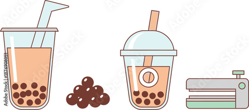 Flat design set of 4 bubble tea items tapioca pearl milk tea cup wide straw and sealing machine