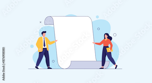 Professional man and woman hold a giant blank paper scroll ready for an important message on a light blue background.