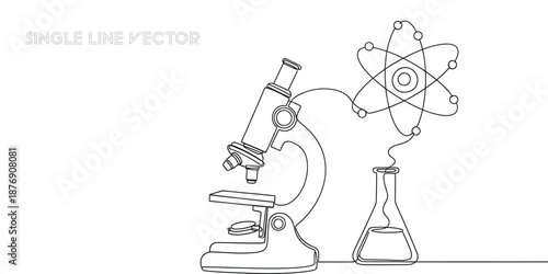 Continuous line art of a microscope, laboratory flask, and atom symbol for scientific research, discovery, and education