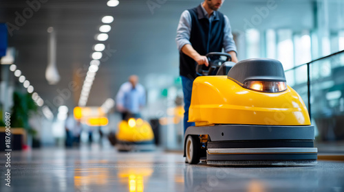 Floor care cleaning services with washing machine equipment professional maintenance commercial janitorial automated sanitation industrial floor care defocused background