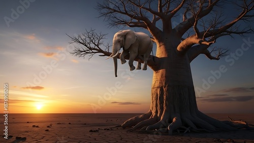 Elephant Sitting on Barren Tree Branch at Sunset.