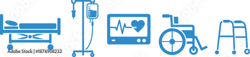 Flat design set of 6 hospital room items hospital bed iv drip heart monitor wheelchair and walker