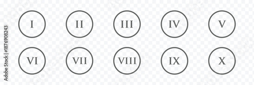 roman numerals Numbers from one to ten. vector of a Roman numeral clock. time, hour, minute, second, symbol. Roman Numerals Set. vintage Latin numeric symbols and decorative digits on transparent bg