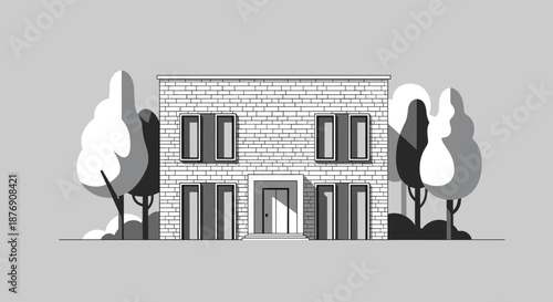 Contemporary two-story house facade with symmetrical windows and minimalist trees in a clean greyscale illustration.