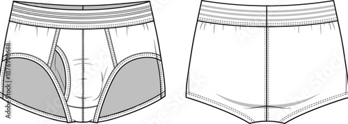Men’s underwear boxer briefs technical fashion flat sketch with front and back view, seamless trunk outline template with waistband, isolated on white background.