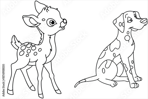 Adorable Deer And Dalmatian Sketch, Cute Animal Line Art For Kids