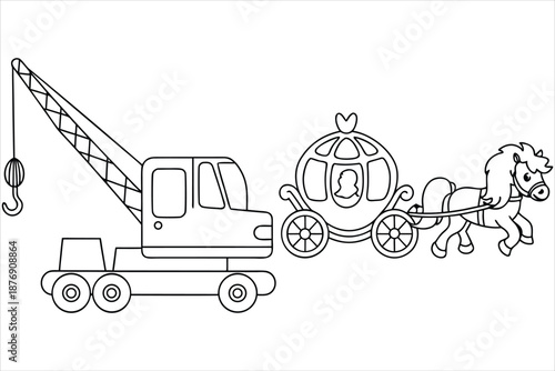 Crane And Carriage Outline Drawing For Kids Coloring Pages