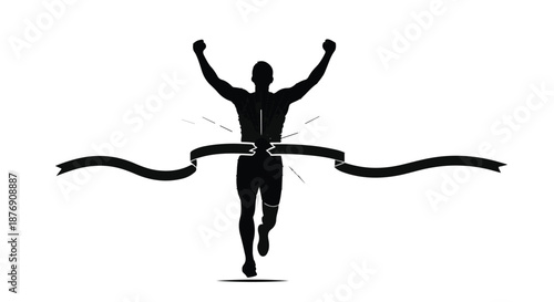 Athlete crosses finish line with arms raised in victory, celebrating achievement