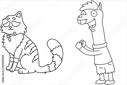 Cat And Llama Cartoon Illustration For Coloring Pages