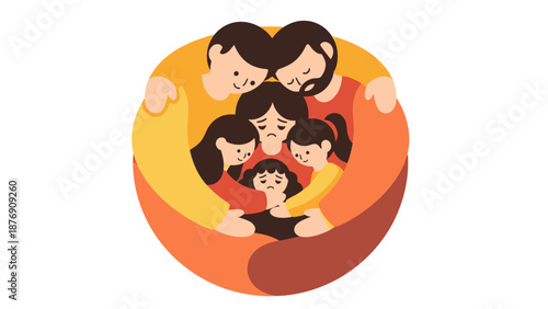 A stylized illustration of a diverse family embracing in a circular formation conveying Unity & Support and Hope & Survivor with a vibrant color scheme and flat design against a clean white