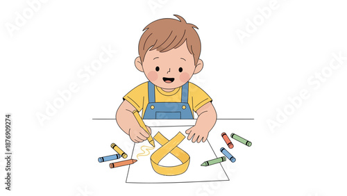 A cheerful young boy in a yellow shirt and blue overalls drawing a yellow ribbon awareness symbol with colorful crayons on paper, conveying a sense of Child Cancer Awareness and Hope &