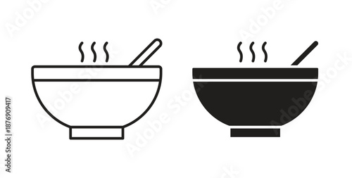 Bowl of soup icons vector symbol with editable stroke and flat versions