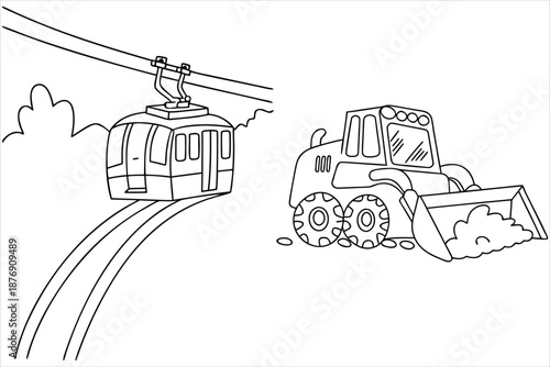 Cablecar And Loader Machinery Outline Vector Illustration