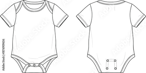 Baby bodysuit technical fashion flat sketch with front and back view, short sleeve romper outline template with snap buttons, isolated on white background.