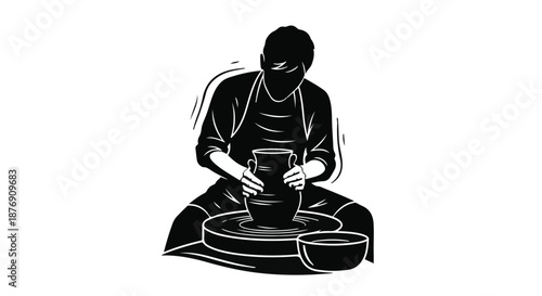 Artist shaping clay on a pottery wheel, focused on creating a ceramic vessel with skill