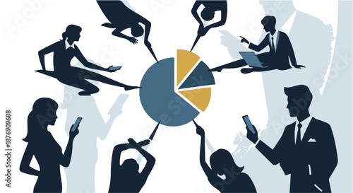 Analyzing digital user engagement and mobile device behavior, with a central pie chart visualizing data distribution among diverse connected individuals